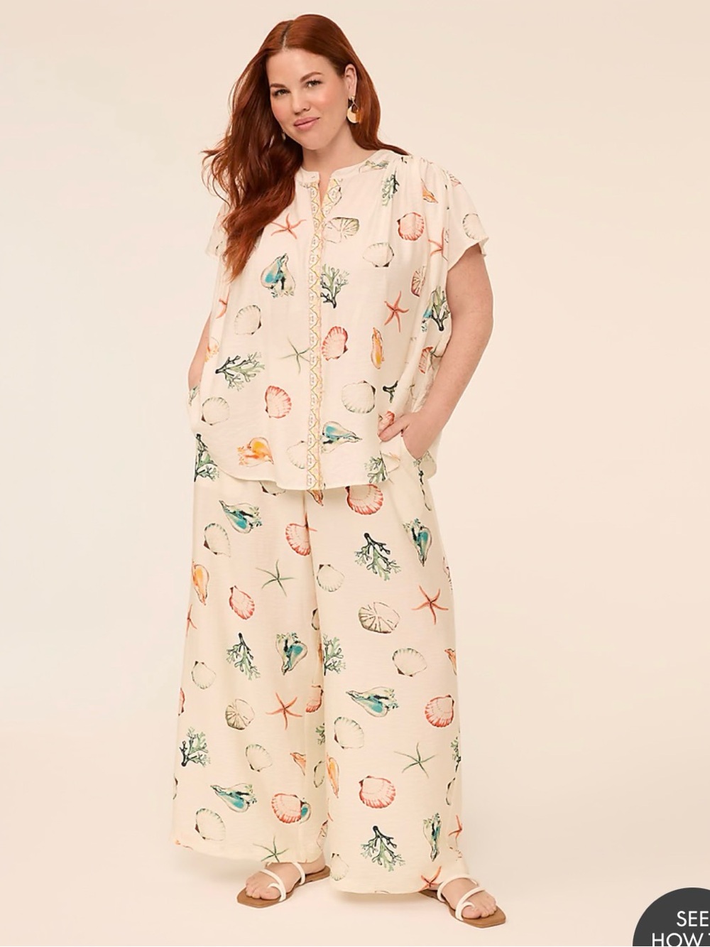 Lane Bryant Seashell Print Two-Piece Set - Cream with Multicolor Shells